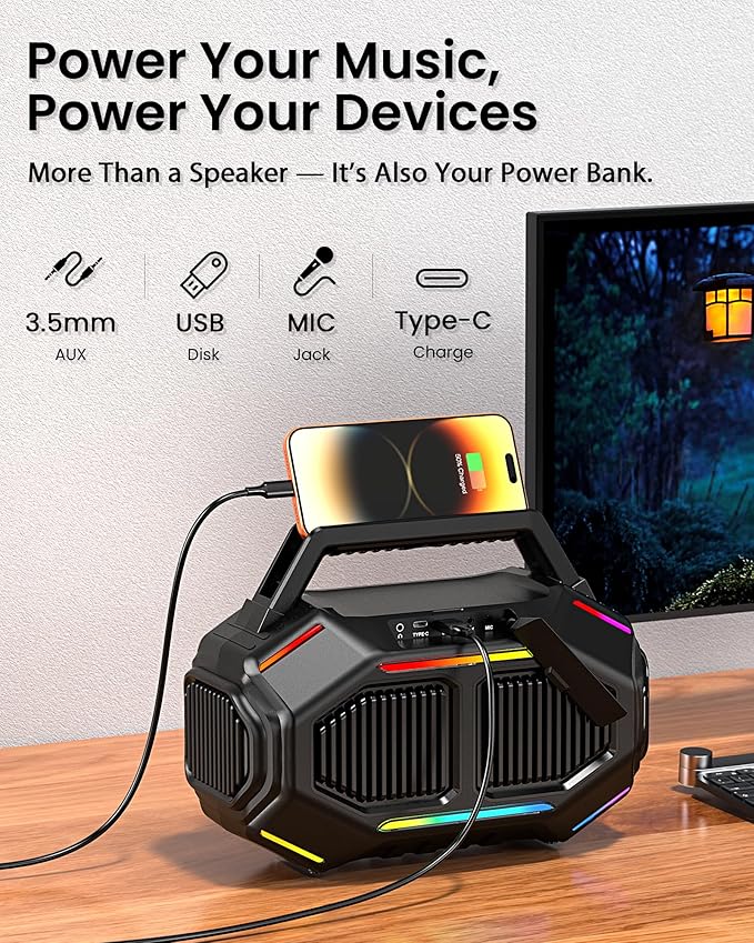 Bluetooth 6.0 Speakers Outdoor, 80W(Peak) Loud Speaker with Bass, 30H Playtime, IPX6 Waterproof, RGB Lights, BassUp 2.0, TWS, Portable Large Jobsite Speakers for Party, Garage