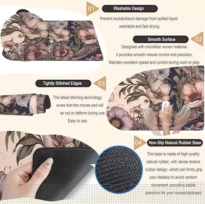 Pastel Purple Floral XL Large Gaming Mouse Pad Pink Flower Forest Desk Mat with Stitched Edges, Non-Slip Rubber Base Mousepad Laptop Computer Keyboard and Mouse Mat 31.5x11.8 in