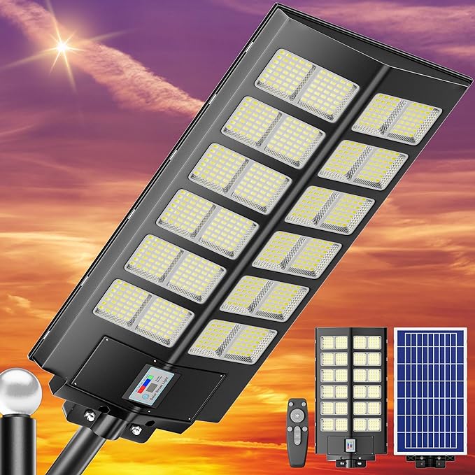 1-Pack Solar Street Light - 9000W Street Lights Outdoor 260000LM Dusk to Dawn Solar Power Parking Lot Light, IP67 Waterproof Wide Angle Lamp with Motion Sensor for Yard, Road