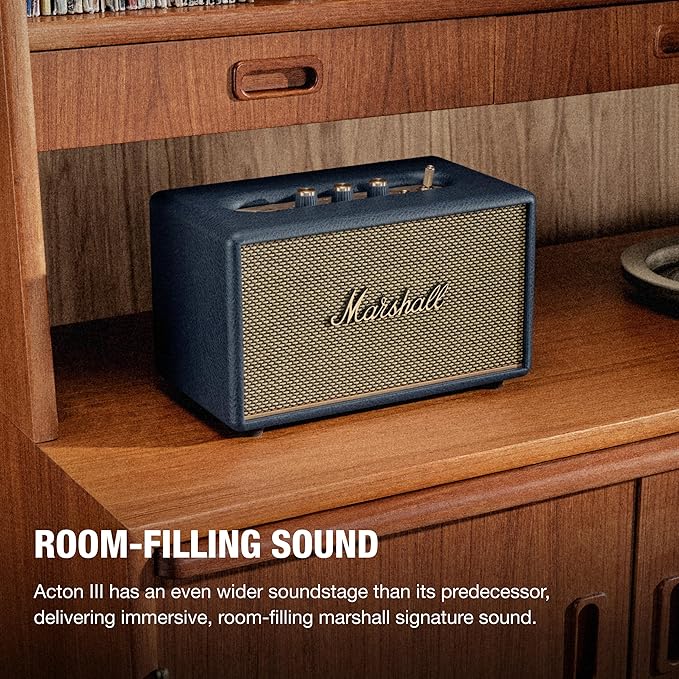 Marshall Acton III Bluetooth Home Speaker - Loud Stereo Sound with Bass and Treble Controls | Plug-in Powered | 3.5 mm Aux Input - Midnight Blue