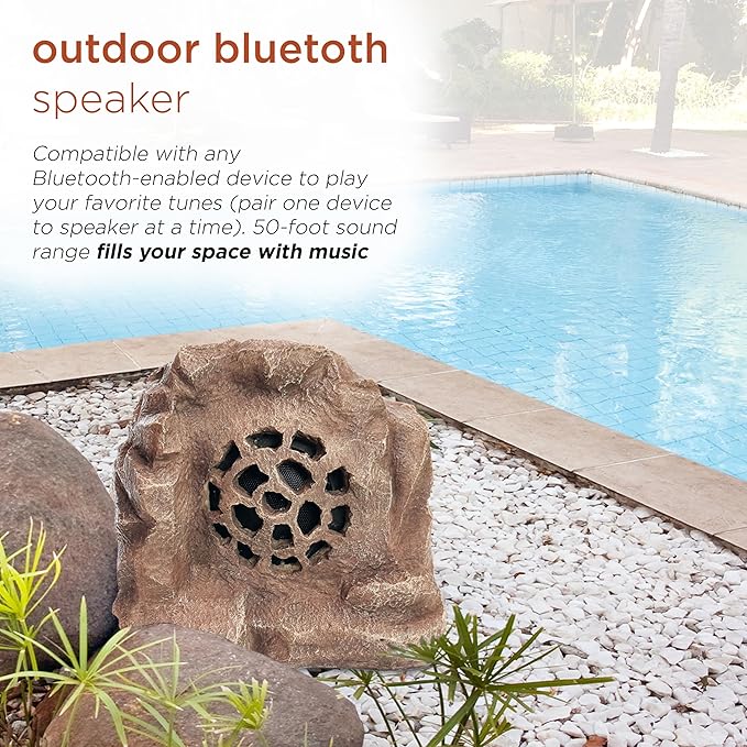 Alpine Corporation 11" Tall Solar Bluetooth Wireless Rock Speaker, Waterproof Outdoor Audio System - Portable Sound, High-Fidelity, 50-Foot Range, Brown