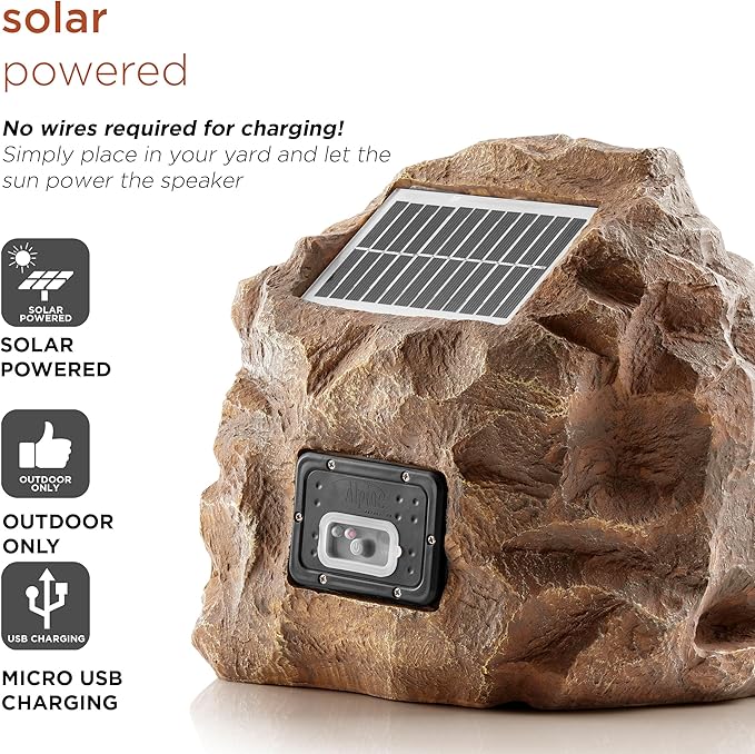 Alpine Corporation 11" Tall Solar Bluetooth Wireless Rock Speaker, Waterproof Outdoor Audio System - Portable Sound, High-Fidelity, 50-Foot Range, Brown