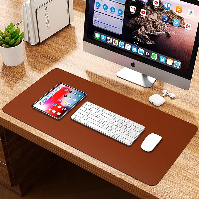 WAYBER Leather Desk Pad Protector, Waterproof Mouse Pad, PU Desk Mat, Office Desk Cover, Desk Writing Mat for Office/Home/Work/Cubicle (Brown/Gray) 23.6x13.7in