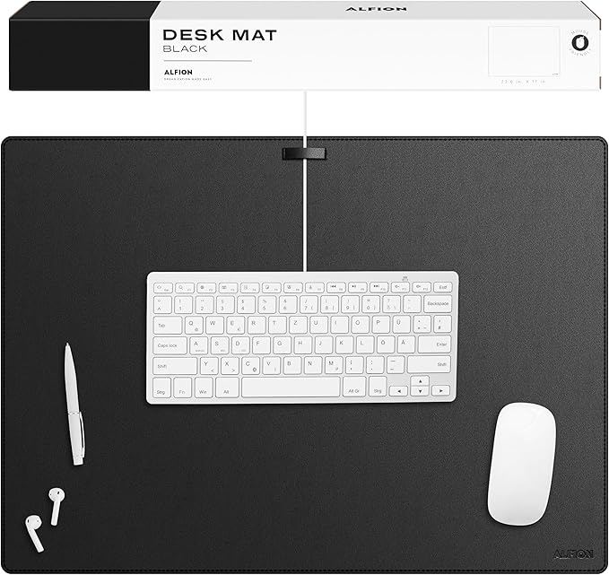 Leather Desk Mat Cable Organizer 23.6" x 17" | Premium Black Vegan Leather Desk Protector Blotter Mouse Pad with Felt Non Slip Bottom for Home Office