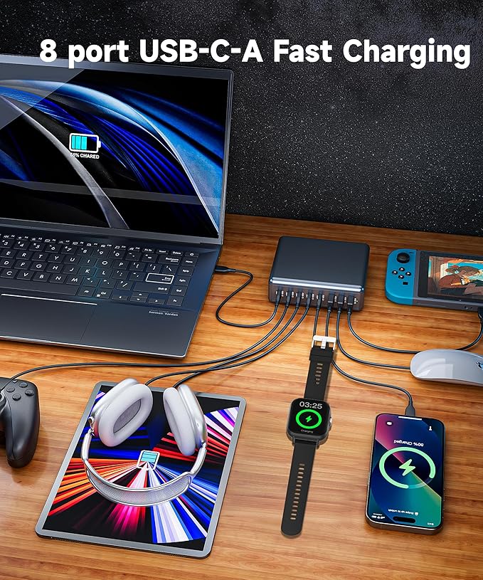 400W USB C Charger Block 8 Port Fast Charging Station with iWatch Fast Wireless Charger Upgraded 9 in 1 GaN III PD 100W Laptop Charger Adapter Compatible with MacBook Pro/Air, iPhone16/15, Galaxy
