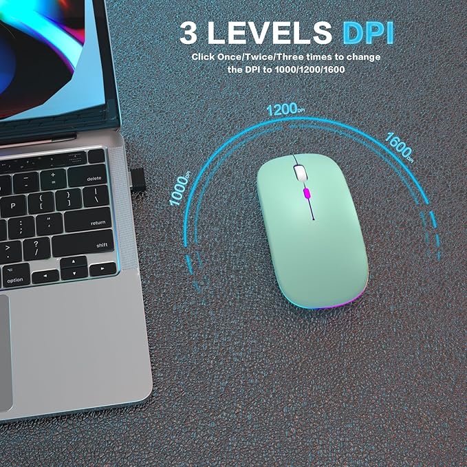 Wireless Bluetooth Mouse - Rechargeable Laptop Mice - with LED Lights,Dual Mode(Bluetooth 5.2 & Portable USB 2.4G) Connection,Silent Computer Mouse for Laptop,iPad,Tablet,MacBook,& PC(Green)