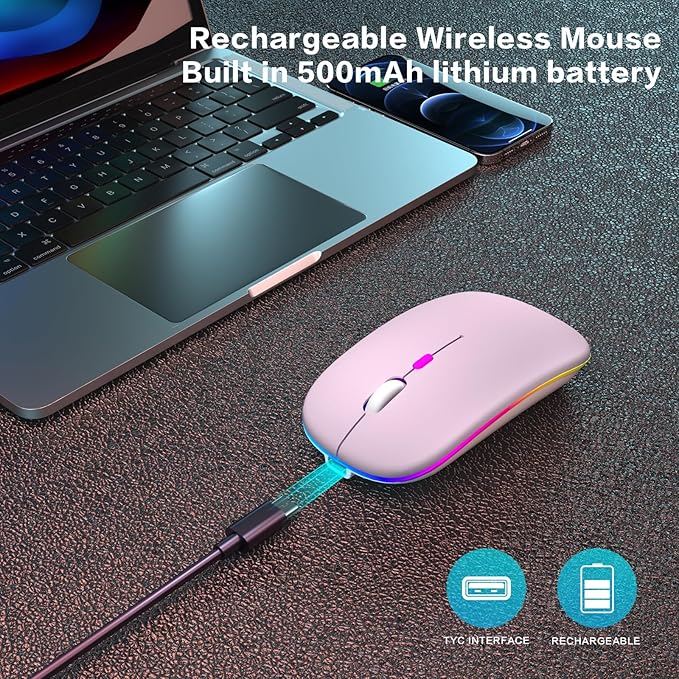 Wireless Bluetooth Mouse Rechargeable Laptop Mice with LED Use Portable(BT5.2 and USB 2.4G) Dual Mode Connection Silent Slim Computer Mouse for Laptop/iPad Tablet/Apple MacBook/PC (Pink)