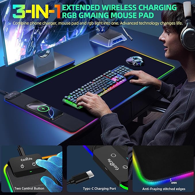 Mouse Pad with Wireless Charging, RGB Gaming Mousepad, Large Desk Mat with Ultra-Smooth Surface, Non-Slip Mouse Mat, Waterproof Computer Keyboard Pad for Gaming, Desk, Office, PC, 800x400x4MM, Black
