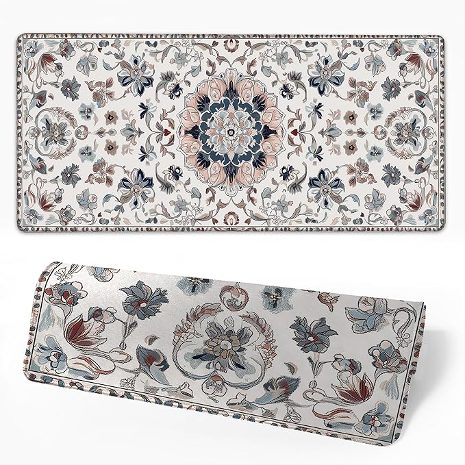 Desk Pad Gray Boho Floral Desk Mat for Keyboard and Mouse, Large XXL Gaming Mouse Pad with Stitched Edges for Work Game Office, 35.43 x 15.75 in