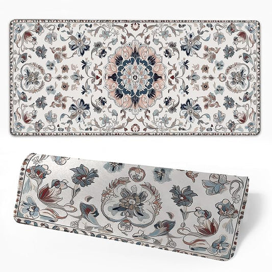 Desk Pad Gray Boho Floral Desk Mat for Keyboard and Mouse, Large XXL Gaming Mouse Pad with Stitched Edges for Work Game Office, 35.43 x 15.75 in