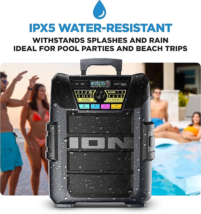 ION Block Rocker XL - Portable Bluetooth Outdoor Party Speaker, 220W, with Karaoke Microphone, Battery, 5 Speakers, Lights, Radio, USB Charging & App