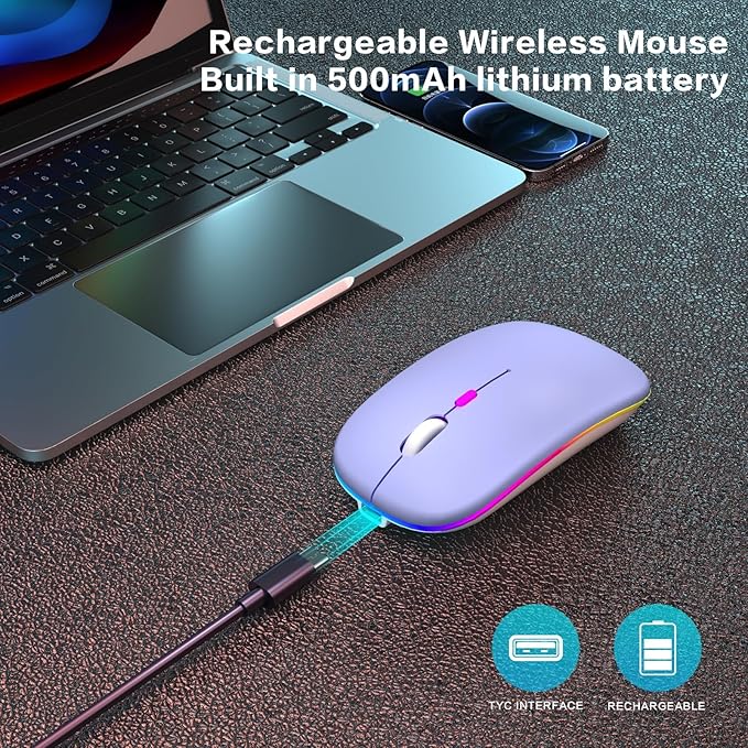Wireless Bluetooth Mouse Rechargeable Laptop Mice with LED Use Portable(BT5.2 and USB 2.4G) Dual Mode Connection Silent Slim Computer Mouse for Laptop/iPad Tablet/Apple MacBook/PC (Purple)