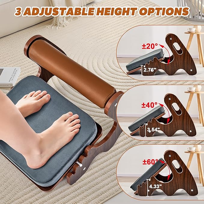 Spacocld Foot Rest for Under Desk at Work- Adjustable Rocking Foot Stool with 3 Height Position and Soft Crossbar, Ergonomic Wooden Footrest with Soft Sponge Pad for Home, Office