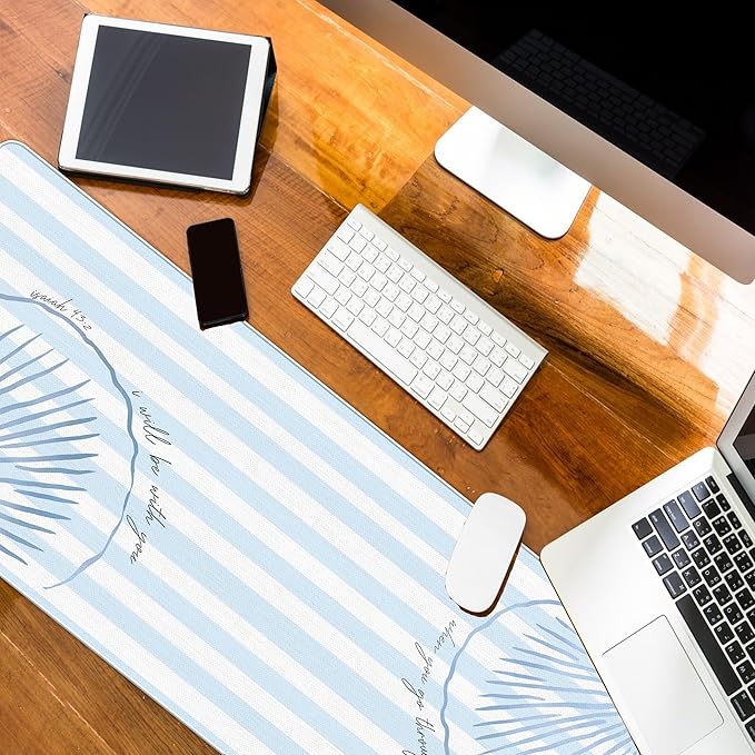 Coastal Mouse Pad Summer Blue Desk Mat, Christian Beach Large Desktop Mats for Desk, Blue and White Long Laptop Keyboard Mat Cute Seashell Gaming Desk Pad Mat Coastal Decor for Office Dorm 31.5x11.8