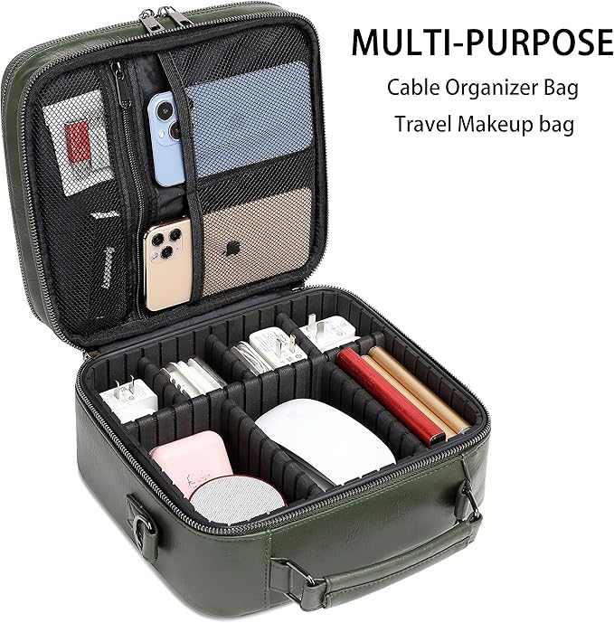 KYALOU Electronics Travel Organizer, Large Electronic Accessories Cable Case with Adjustable Dividers, Waterproof Tech Storage Bag Gifts with Double Layers for Cord, Charger, Power Bank - Olive Green