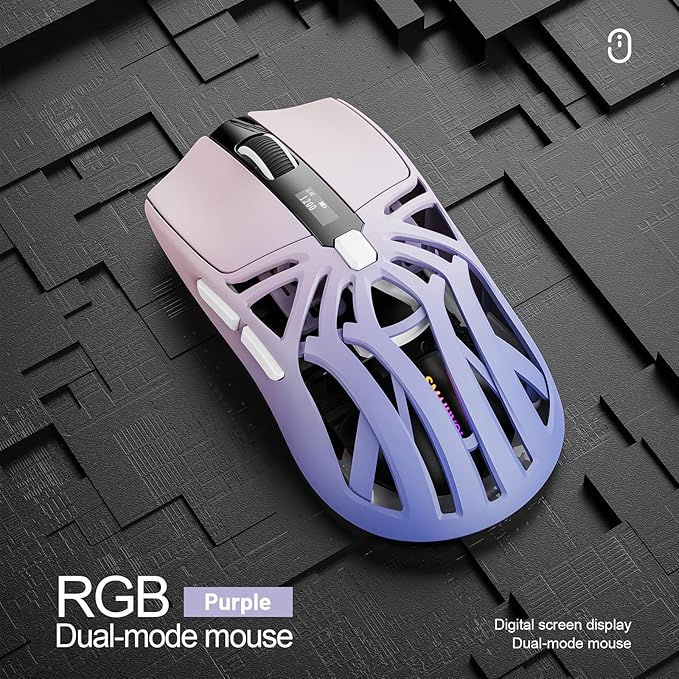Wireless Gaming Mouse, 10000 DPI, Tri-Mode 2.4GHz/Bluetooth/Wired Mouse, 6 Buttons, Digital Display, Silent Mice, Rechargeable, Customizable Macro and RGB Backlight for PC/Mac/Laptop (Purple)