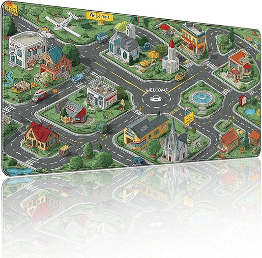 35.4 x 15.7 Inches XXL Large Gaming Mouse Pad, Cartoon City Street Map Design, Non-Slip Base, Waterproof and Scratch-Resistant Surface, Suitable for Home and Casual Gaming Desktop mats