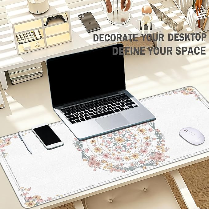 Boho Flroal Mouse Pad Pink and White Desk Mat, Spring Summer Mouse Pad for Desk Large, Boho Desktop Mats Aesthetic Computers Pads for Desk Office Dorm Women 31.5x11.8