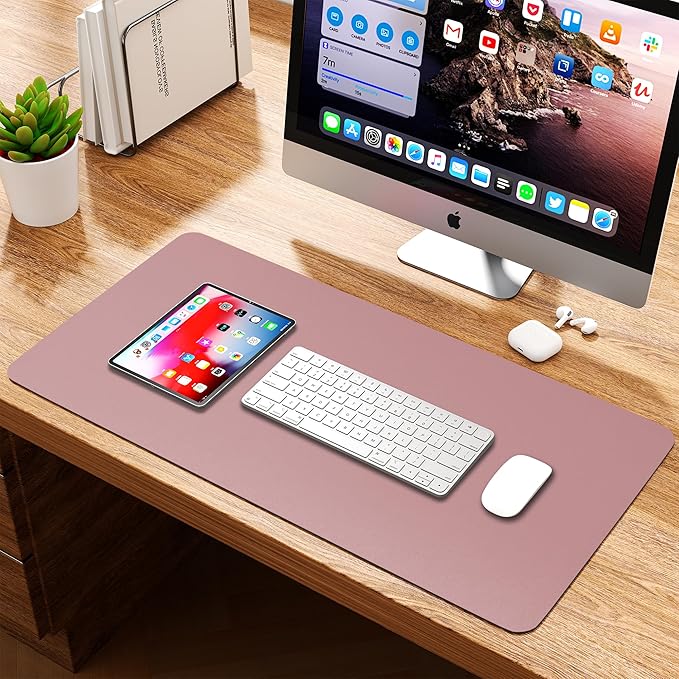 WAYBER Leather Desk Pad Protector, Waterproof Mouse Pad, PU Desk Mat, Office Desk Cover, Desk Writing Mat for Office/Home/Work/Cubicle (Purple/Pink) 23.6x13.7in