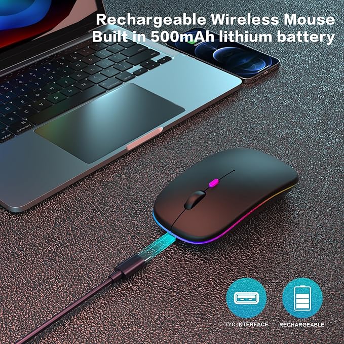 Wireless Bluetooth Mouse Rechargeable Laptop Mice with LED Use Portable(BT5.2 and USB 2.4G) Dual Mode Connection Silent Slim Computer Mouse for Laptop/iPad Tablet/Apple MacBook/PC(Pearl Black)