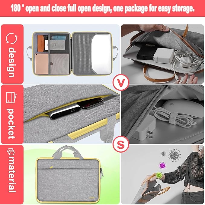 Hseok Laptop Case 13.3-14 inch Sleeve, TSA Computer Handbag Water-Resistant and Shockproof Bag Compatible with MacBook Pro/Neo 14", Mac Air/Pro 13.3" and 13"-14" Notebooks Chromebooks,Gray-Yellow