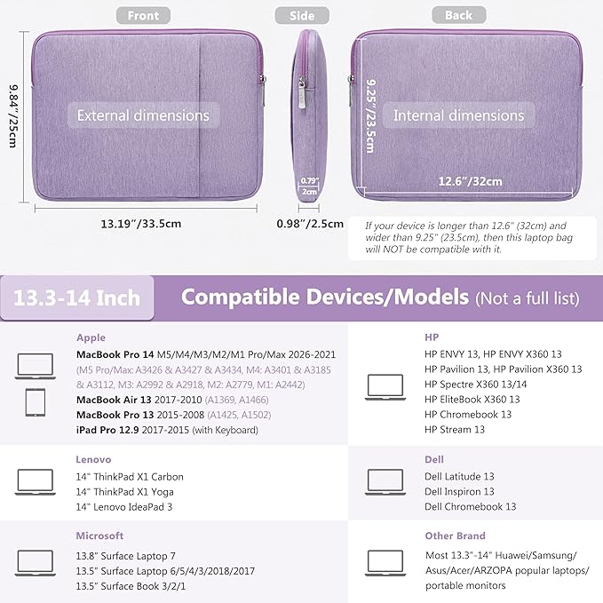 HYZUO 13.3-14 Inch Laptop Sleeve Bag Set for MacBook Pro 14 M5/M4/M3/M2/M1 Pro/Max A3426 A3427 2026-2021, MacBook Air/Pro 13.3, 13.5-13.8" Surface Book/Laptop, NoteBook Case for 13.3" HP, Lilac Purple