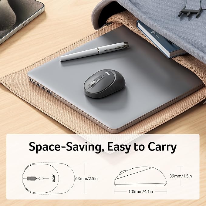 acer Bluetooth Wireless Mouse for Laptop, Computer Mouse Wireless (BT5.2+2.4GHz), Small to Medium Size, Left & Right Handed Office USB Mice with USBA Receiver, 4 Buttons, Compatible with PC, Desktop