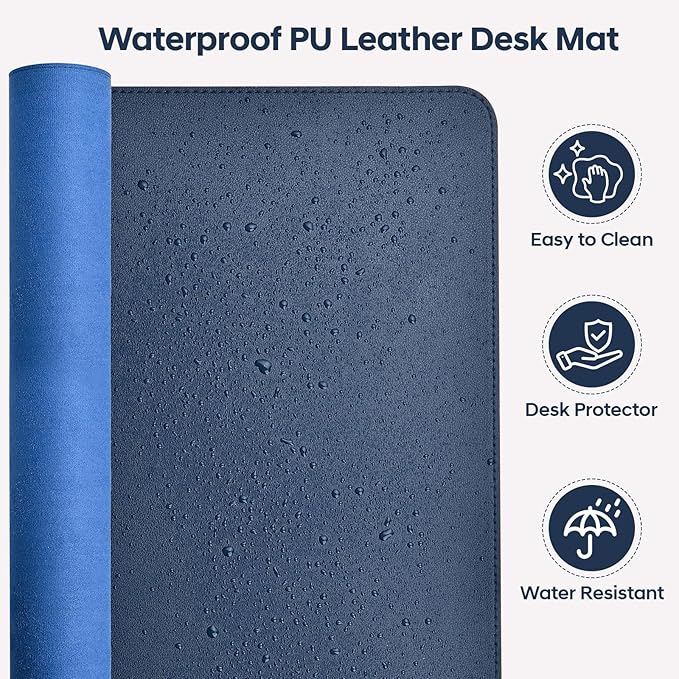 Leather Desk Pad Protector, Office Desk Mat, Large Mouse Pad, Non-Slip PU Leather Desk Blotter, Waterproof Computer Desk Writing Pad for Office and Home (Dark Blue, 47.2" x 23.6")
