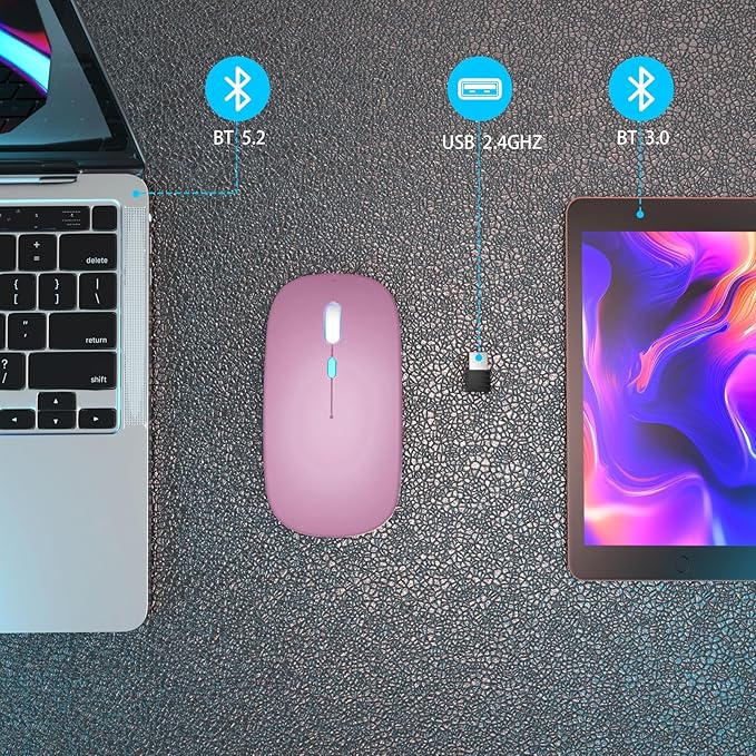 Wireless Bluetooth Mouse Rechargeable Laptop Mice with LED Use Portable(BT5.2 and USB 2.4G) Dual Mode Connection Silent Slim Computer Mouse for Laptop/iPad Tablet/Apple MacBook/PC (Rose Gold)