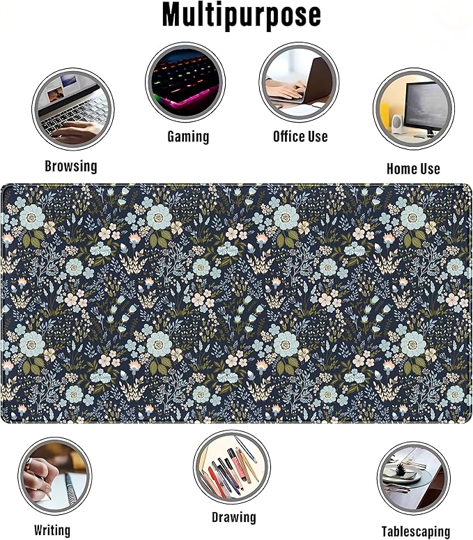 Blue Florals Desk Pad, Large Gaming Mouse Pad & Keyboard Mat, Laptop Computer Mat Desk Protector XXL, Vintage Office Desktop Decor 31.5"x15.75"