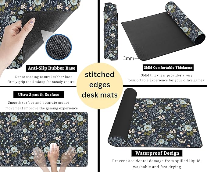 Blue Florals Desk Pad, Large Gaming Mouse Pad & Keyboard Mat, Laptop Computer Mat Desk Protector XXL, Vintage Office Desktop Decor 31.5"x15.75"