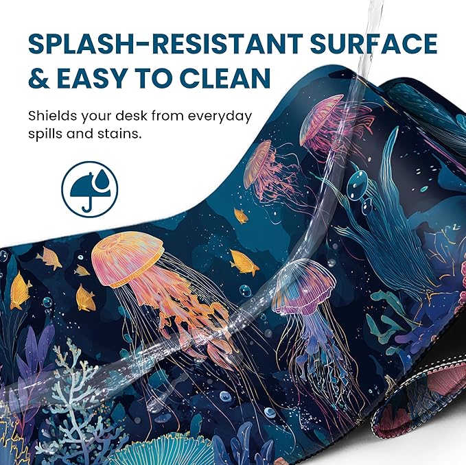 Large Mouse Pad for Desktop, Cute Desk Mat Pad Protector for Work & Gaming, Aesthetic Pretty Anti-Slip Laptop Blotter Cover for Office School Home Supplies, Jellyfish, 35.4" x 15.7"