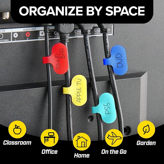 Wrap-It Storage - Cable Labels - Oval, Multi-Color (36 Pack) - Write-On Wire Tags for Cord Identification with Power Strips Behind Desks and TVs - Image 6
