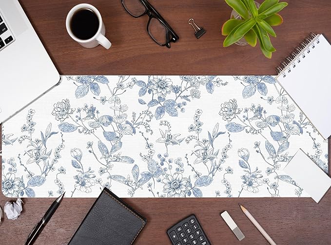 Light Blue Mouse Pad Blue Flroal Desk Mat, Flower Large Desk Mouse Pad Aesthetic, Chinoiserie Gaming Mousepad for Desk Computers Office Dorm Decor Flroal Gifts for Women 31.5x11.8