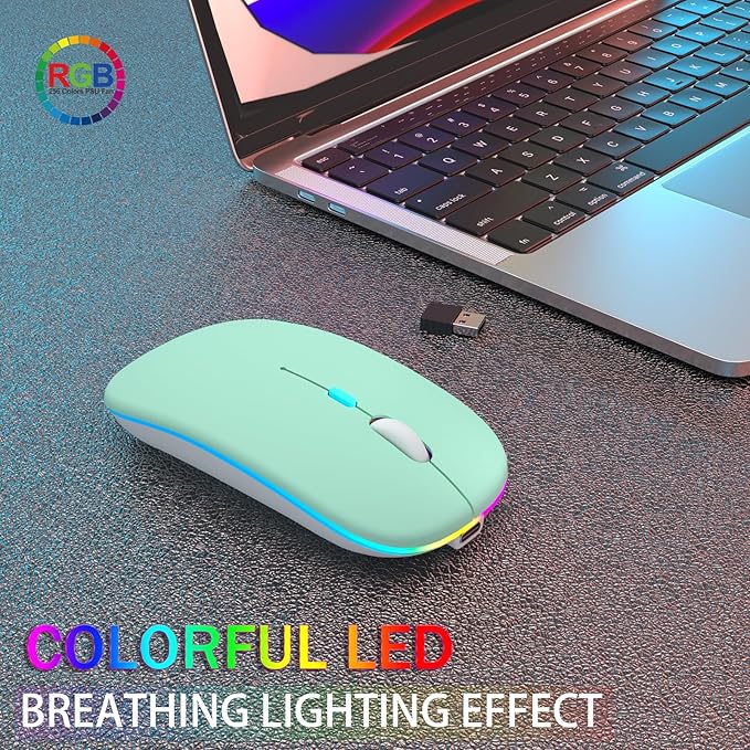 Wireless Bluetooth Mouse - Rechargeable Laptop Mice - with LED Lights,Dual Mode(Bluetooth 5.2 & Portable USB 2.4G) Connection,Silent Computer Mouse for Laptop,iPad,Tablet,MacBook,& PC(Green)