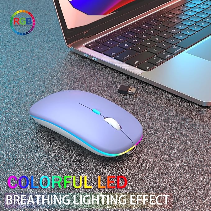 Wireless Bluetooth Mouse Rechargeable Laptop Mice with LED Use Portable(BT5.2 and USB 2.4G) Dual Mode Connection Silent Slim Computer Mouse for Laptop/iPad Tablet/Apple MacBook/PC (Purple)