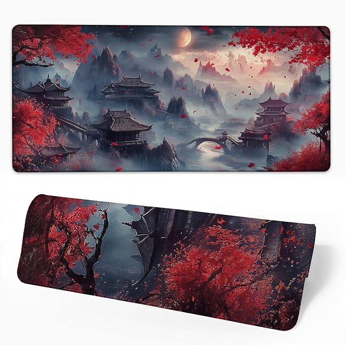 Desk Pad Red Night Full Moon Desk Mat for Keyboard and Mouse, Large XXL Gaming Mouse Pad with Stitched Edges for Work Game Office, 35.43 x 15.75 in