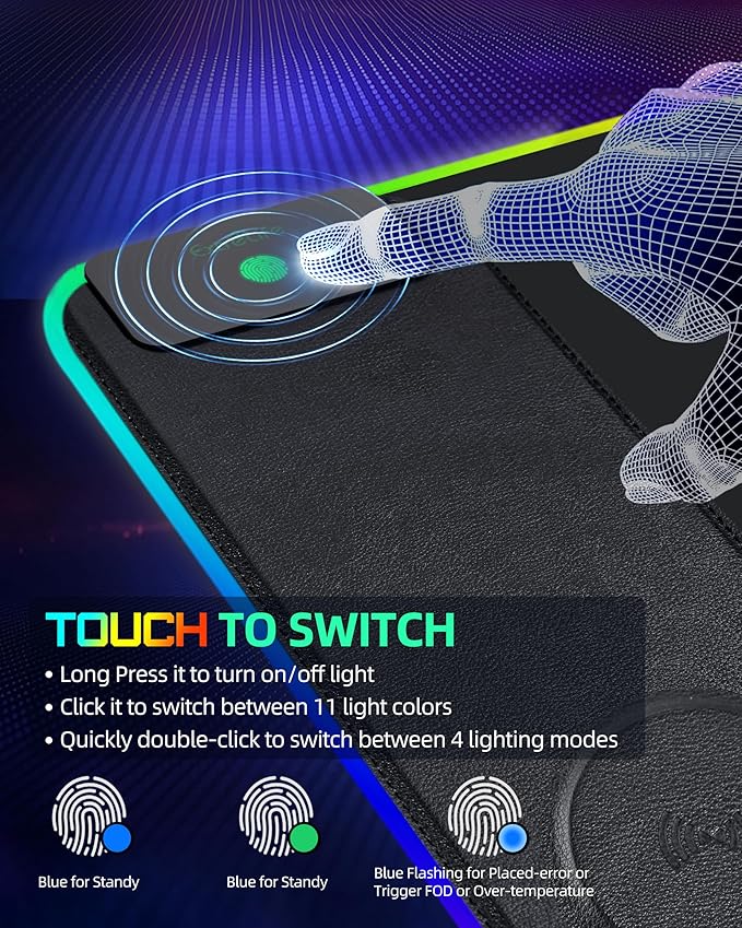 Mouse Pad with Wireless Charging, RGB Gaming Desk Mat, Large XXL Desk Pad, 15 Lighting Modes, Ultra-Smooth Surface, Non-Slip Mouse Mat, Waterproof Computer Keyboard Pad for Gamer, 800x400x4MM, Black