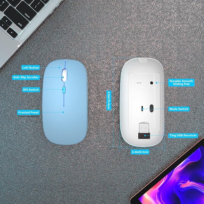 Wireless Bluetooth Mouse Rechargeable Laptop Mice with LED Use Portable(BT5.2 and USB 2.4G) Dual Mode Connection Silent Slim Computer Mouse for Laptop/iPad Tablet/Apple MacBook/PC(Blue)