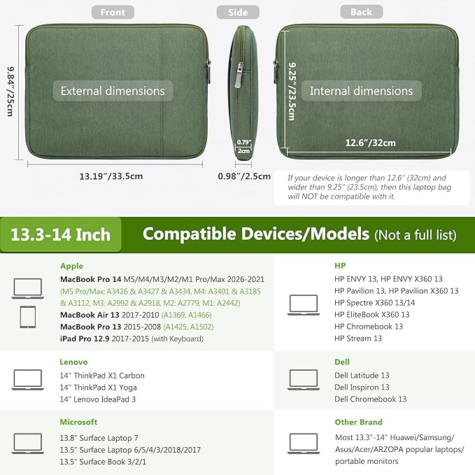 HYZUO 13.3-14 Inch Laptop Sleeve Bag Set for MacBook Pro 14 M5/M4/M3/M2/M1 Pro/Max A3426 A3427 2026-2021, MacBook Air/Pro 13.3, 13.5-13.8" Surface Book/Laptop, Notebook Case for 13.3" HP, Grass Green