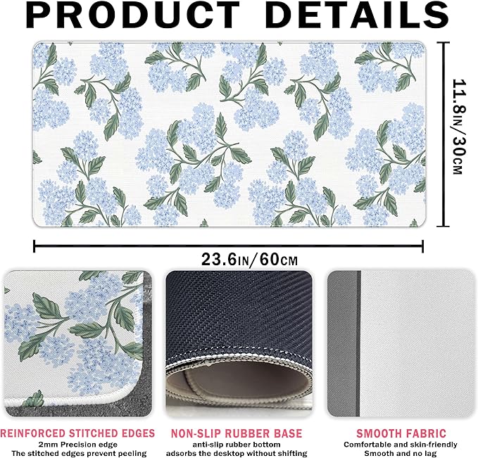 UTELKA Blue Hydrangea Desk Mat, Flroal Desk Matt for Desktop, Blue and White Extra Large Desks Mat Summer Spring Desks Decor Aesthetic Hydrangea Gifts Office Accessories for Women 23.6x11.8