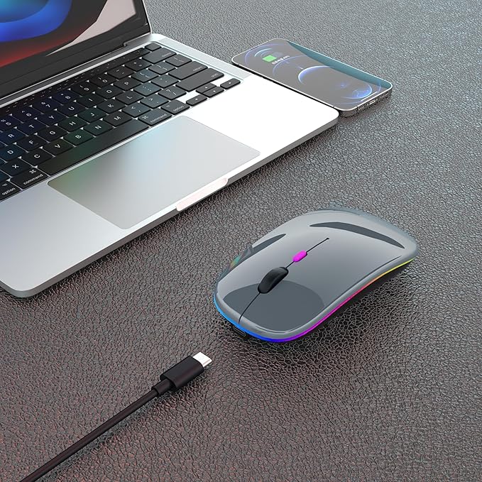 Wireless Bluetooth Mouse Rechargeable Laptop Mice with LED Use Portable(BT5.2 and USB 2.4G) Dual Mode Connection Silent Slim Computer Mouse for Laptop/iPad Tablet/Apple MacBook/PC(Grey)