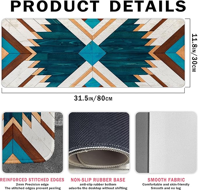 Western Mouse Pad, Western Desk Accessories, Blue Green Aztec Rug Desk Mat Retro Gaming Large Mouse Pad for Desk Vintage Computer Gifts for Cowboy Cowgirl Western Office Decor 31.5x11.8