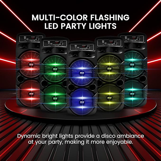 Pyle Portable Bluetooth PA Speaker System - 600W Rechargeable Outdoor Bluetooth Speaker Portable PA System w/ Dual 8” Subwoofer 1” Tweeter, Microphone In, Party Lights, USB, Radio, Remote - PPHP2835B