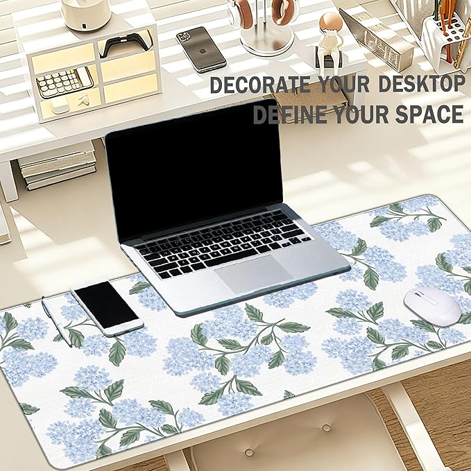 Blue Desk Mat, Hydrangea Mouse Pad Flroal Desk Matt for Desktop, Blue and White Extra Long Desks Mat Aesthetic Hydrangea Gifts Office Accessories for Women 31.5x11.8