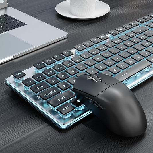 EWEADN X7S Wireless Keyboard and Mouse with Pudding Keycaps, Metal Panel, 2.4G Rechargeable Computer Keyboard and Mouse Combo Quiet Light Up Full Size Cordless Keyboards-Black