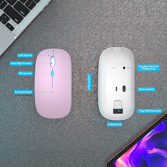 Wireless Bluetooth Mouse Rechargeable Laptop Mice with LED Use Portable(BT5.2 and USB 2.4G) Dual Mode Connection Silent Slim Computer Mouse for Laptop/iPad Tablet/Apple MacBook/PC (Pink)