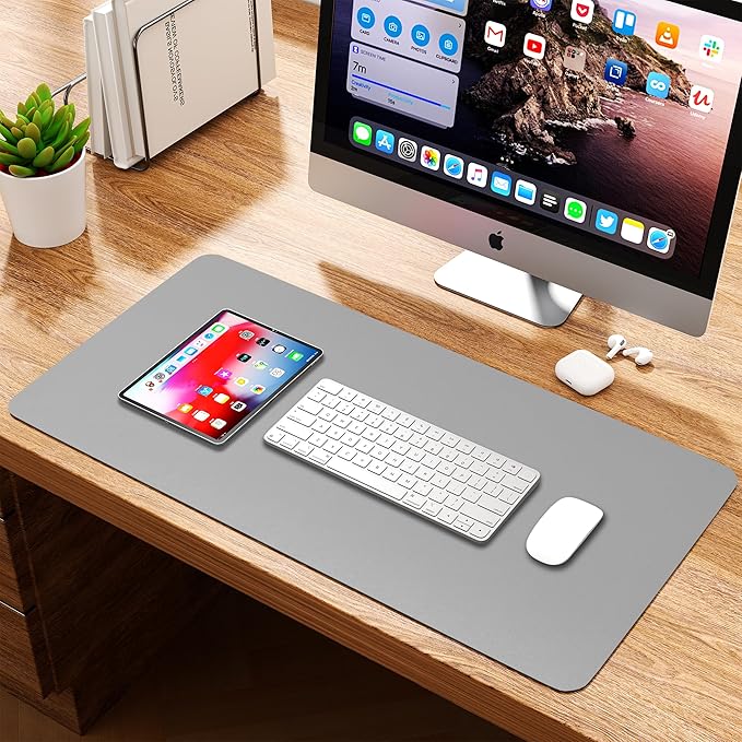 WAYBER Leather Desk Pad Protector, Waterproof Mouse Pad, PU Desk Mat, Office Desk Cover, Desk Writing Mat for Office/Home/Work/Cubicle (Gray/Silver) 35.4x17in