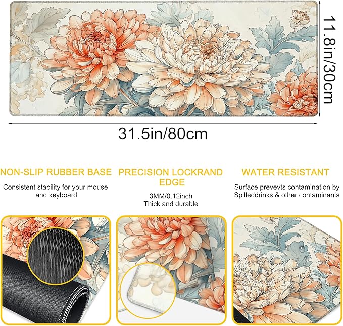 Desk Mat Blooming Chrysanthemums Desk Pad for Keyboard and Mouse, Large Mousepad with Stitched Edges for Work Game Office, 31.5 x 11.8 in