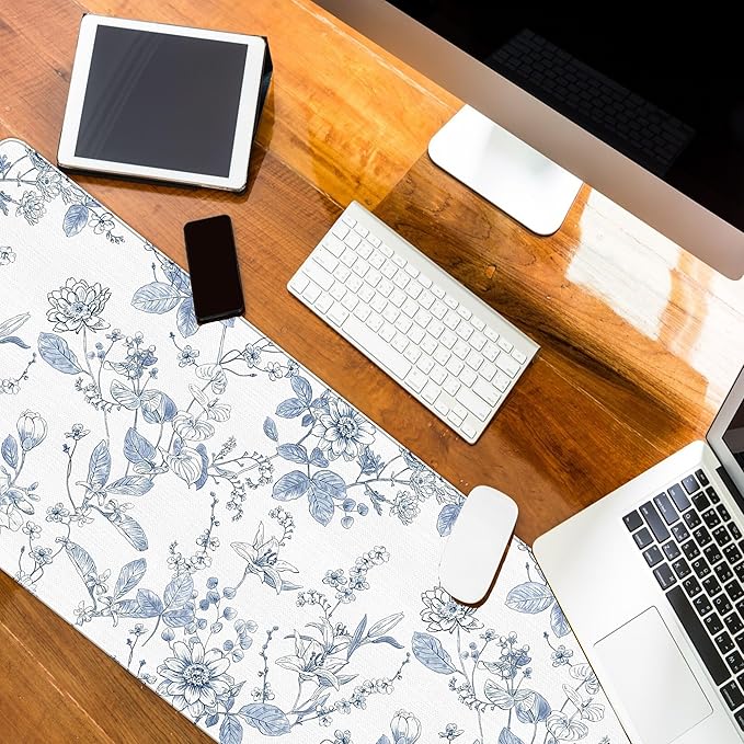 Light Blue Mouse Pad Blue Flroal Desk Mat, Flower Large Desk Mouse Pad Aesthetic, Chinoiserie Gaming Mousepad for Desk Computers Office Dorm Decor Flroal Gifts for Women 31.5x11.8